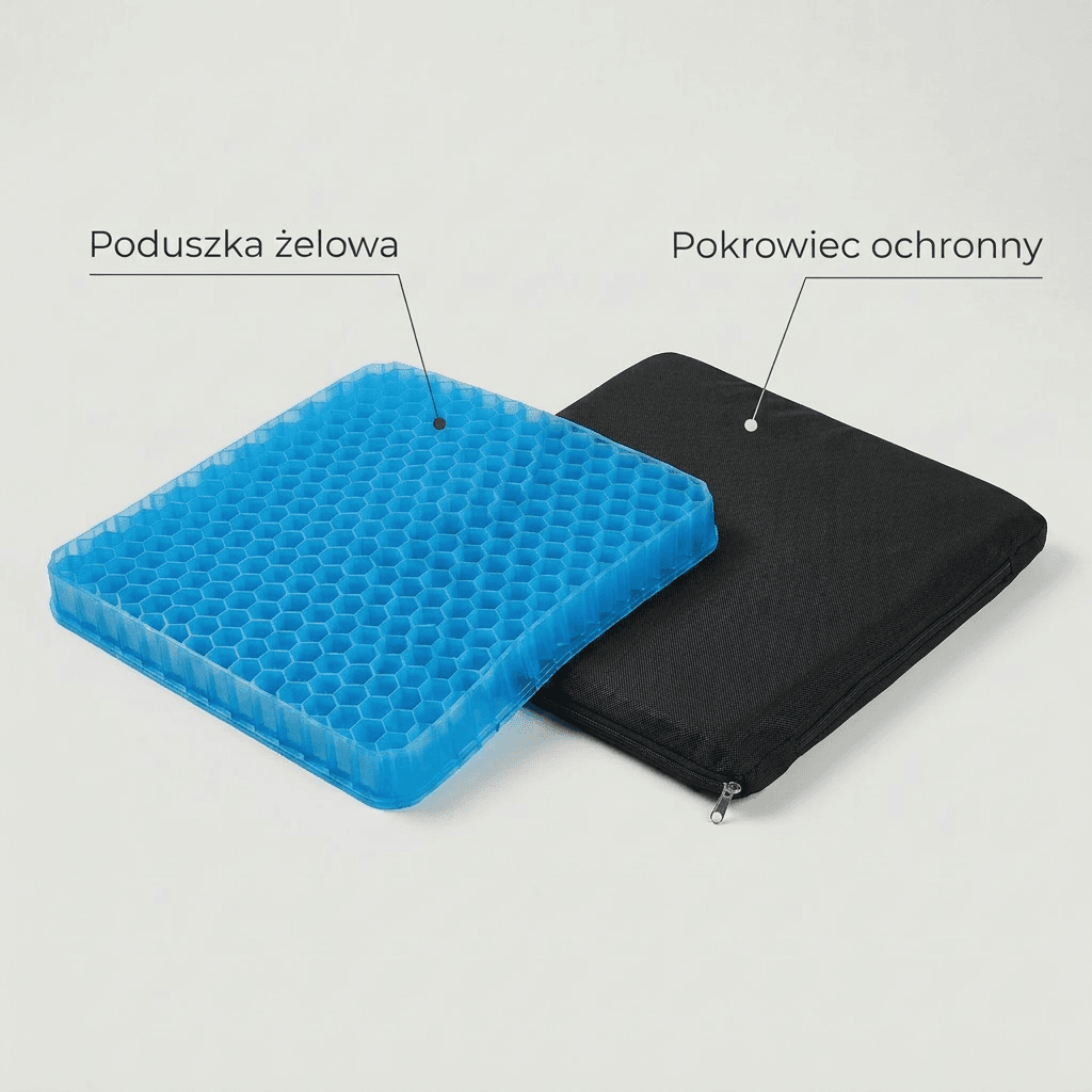 Sediora - żelowa poduszka odciążająca kość ogonową i plecy, zwiększająca komfort siedzenia.
